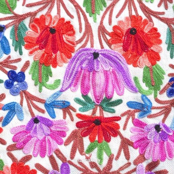 Wool Scarf With Colorful Chain Stitch Embroidery Flowers Vines - Picture 2 of 16